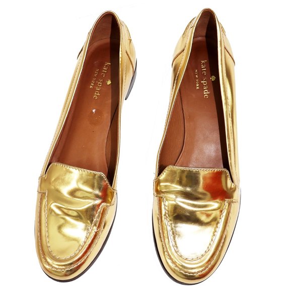 KATE SPADE NEW YORK METALLIC GOLD LEATHER LOAFER SHOES 9M - Picture 1 of 5